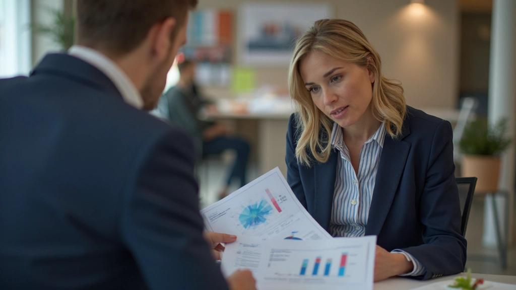 Två personer diskuterar pensionsplanering med grafer och sparalternativ på skrivbordet