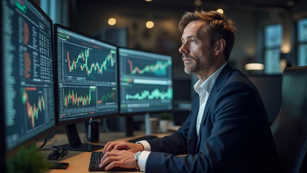 Investeringsanalys med börsgrafer på datorskärm