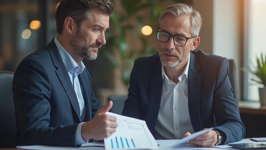 Financial advisor and client reviewing investment portfolio with performance graphs and growth charts