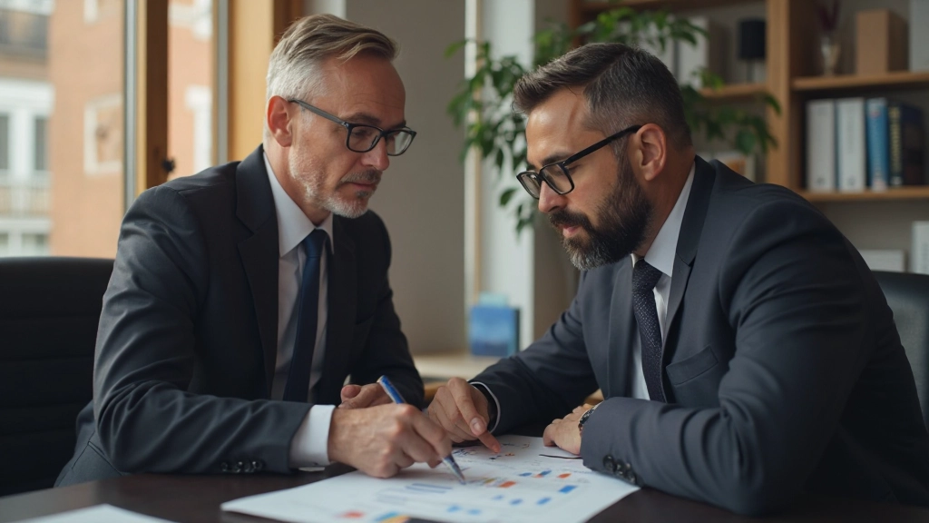 Finansiell rådgivare och klient granskar investeringsportfölj med prestationskurvor och tillväxtdiagram