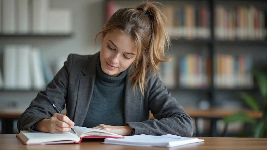 Young adult studying financial literacy materials and economic education resources at library desk