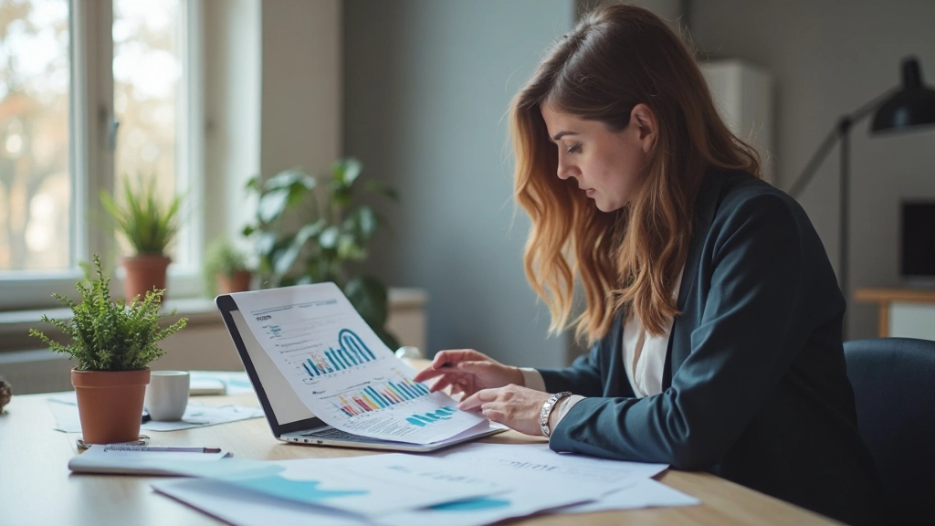 Professional workspace with financial documents, calculator, and laptop displaying financial charts