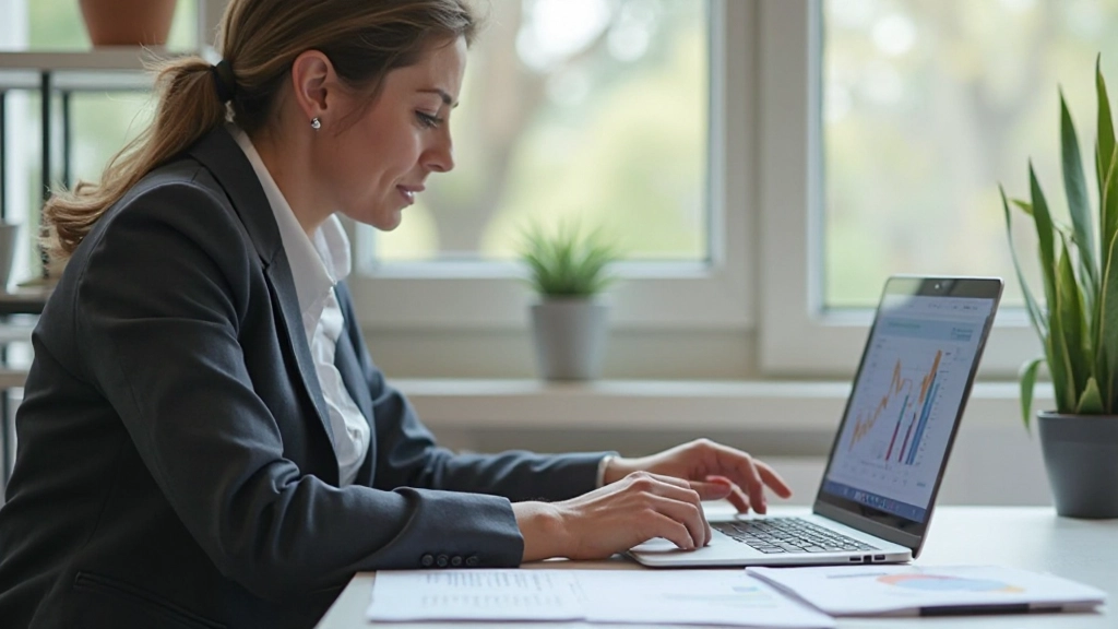 Professionell arbetsplats med finansiell planering, laptop, anteckningsbok och kalkylator på skrivbord